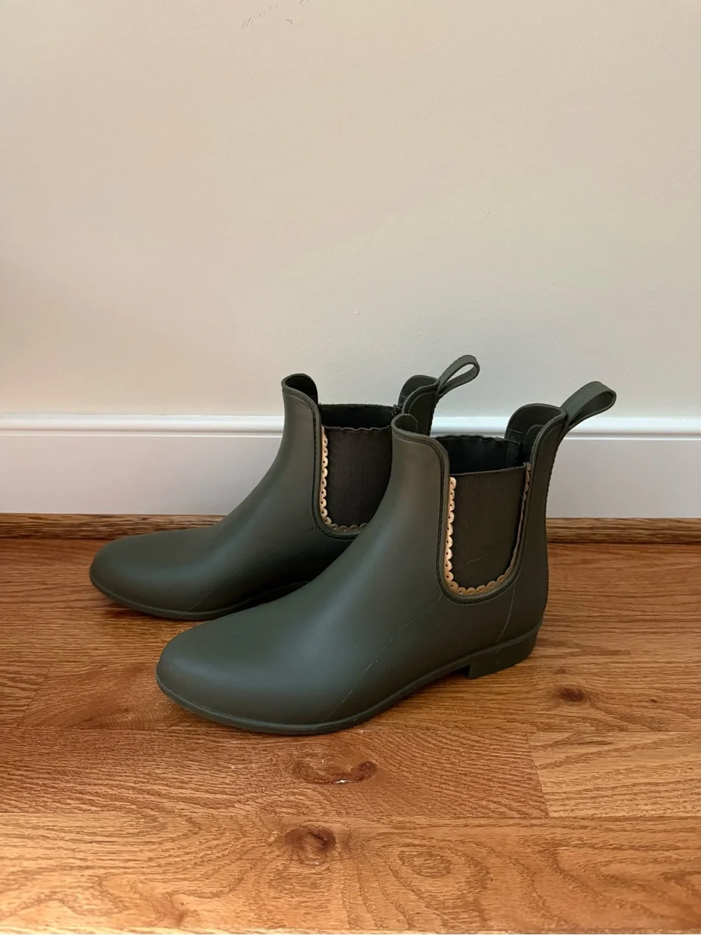 Jack Rogers Olive Green Chelsea Rain Ankle Boots with Gold Scalloped Trim